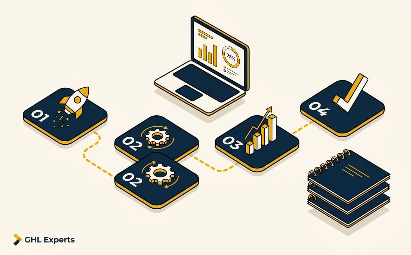 Four-day GoHighLevel bootcamp setup timeline with milestones and training playbooks