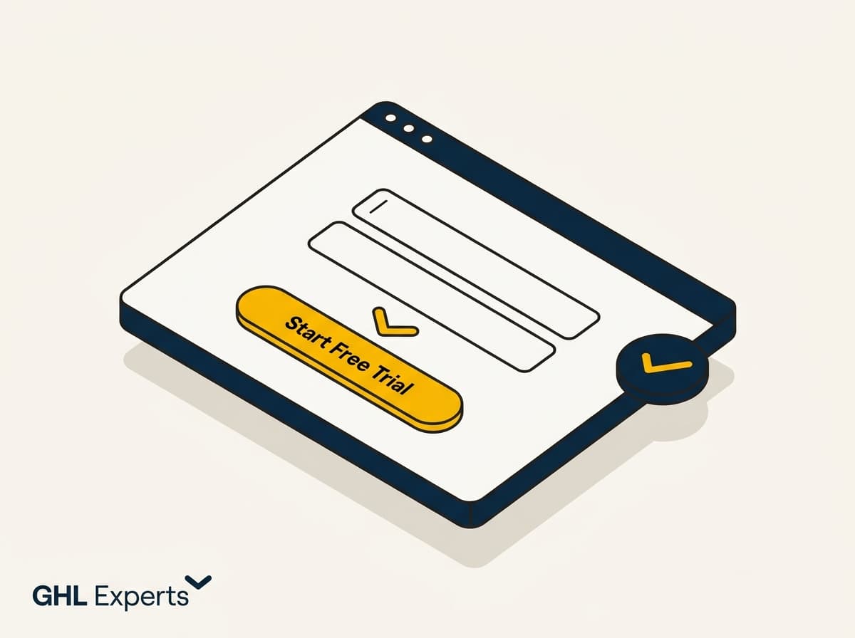Browser window showing GoHighLevel sign-up form with Start Free Trial button